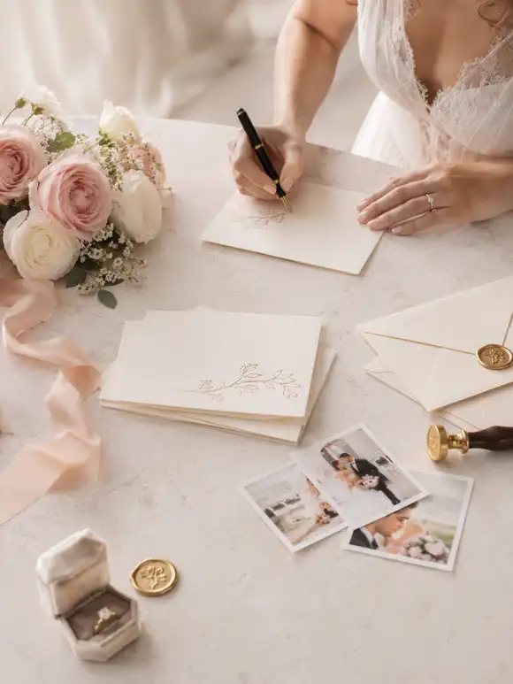 Braut schreibt nach der Hochzeit persönliche Dankeskarten