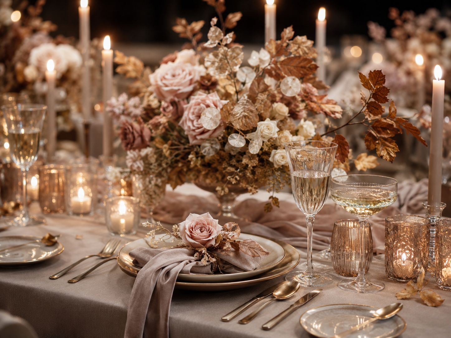 Opalisierende Hochzeitstorte mit warmen Herbstfarben und Kerzenlicht