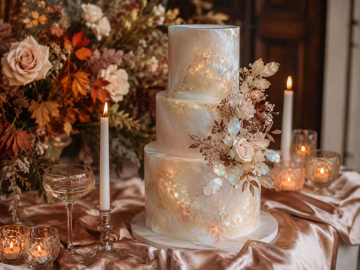 Elegante Herbsthochzeit mit Kerzenlicht, Rosé, Creme und schimmernden Details