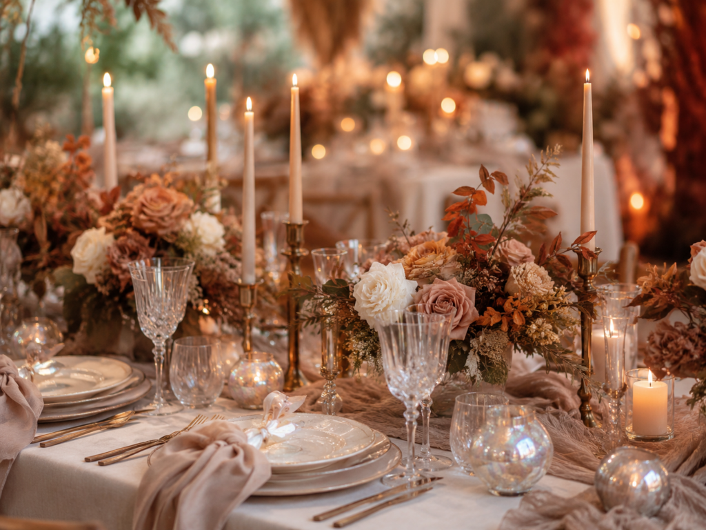 Opal Wedding im Herbst mit schimmernder Tischdekoration und warmen Farben
