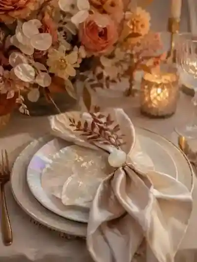Opalisierendes Tischdetail mit Perlmutt, warmem Rosé und herbstlichen Blumen