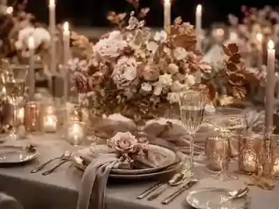 Elegante Herbsthochzeit mit Kerzenlicht, Rosé, Creme und schimmernden Details
