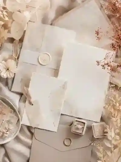 Opalisierende Hochzeitspapeterie in Creme und Taupe mit herbstlichen Details