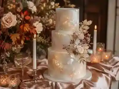 Opalisierende Hochzeitstorte mit warmen Herbstfarben und Kerzenlicht